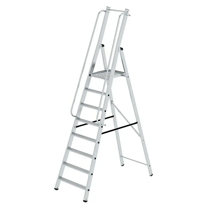 Proregal Stehleiter mit 8 Stufen - Anzahl Tritte: 8 Stk., Arbeitshöhe: 3.850 mm, Belastbarkeit: 150 kg, Aluminium - Silberne Aluminium-Stehleiter mit Plattform und Handläufen für sicheren Zugang.