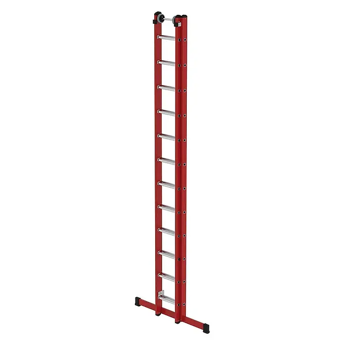 Proregal Schiebeleiter 2x12-Sprossen - Anzahl Tritte: 24 Stk., Arbeitshöhe: 7.200 mm, Belastbarkeit: 150 kg, Aluminium - Rote Ausziehleiter mit silbernen Sprossen, Stabilisatorstange und Rollen oben.