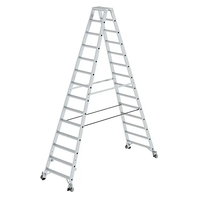 Proregal Doppel-Stehleiter beidseitig begehbar - Anzahl Tritte: 28 Stk., Arbeitshöhe: 4.800 mm, Belastbarkeit: 150 kg, Aluminium - Silberne Aluminium-Doppelstehleiter mit Rollen für mehr Mobilität.