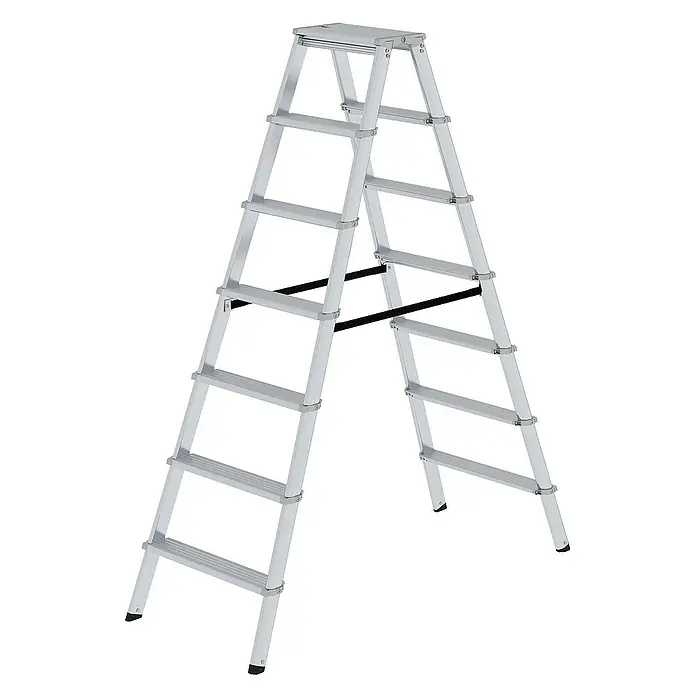 Proregal Doppel-Stehleiter beidseitig begehbar - Anzahl Tritte: 14 Stk., Arbeitshöhe: 3.150 mm, Belastbarkeit: 150 kg, Aluminium - Silberne Aluminium-Klappleiter mit mehreren rutschfesten Stufen und schwarzen Spreizstangen für Stabilität.