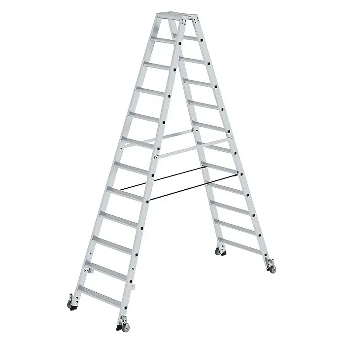 Proregal Doppel-Stehleiter beidseitig begehbar - Anzahl Tritte: 24 Stk., Arbeitshöhe: 4.300 mm, Belastbarkeit: 150 kg, Aluminium - Silberne A-förmige Aluminium-Mehrzweckleiter mit Rollen und schwarzen Stabilisatorstangen.
