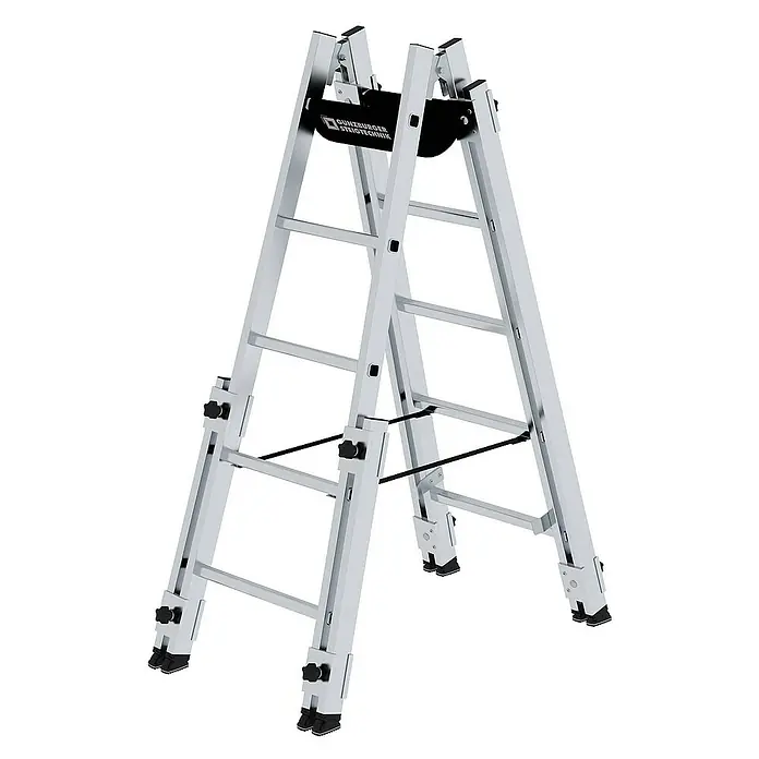 Proregal Doppel-Stehleiter treppengängig - Anzahl Tritte: 10 Stk., Arbeitshöhe: 3.600 mm, Belastbarkeit: 150 kg, Aluminium - Silberne Aluminium-Mehrzweckleiter in A-Form, klappbar mit verstellbaren Füßen.