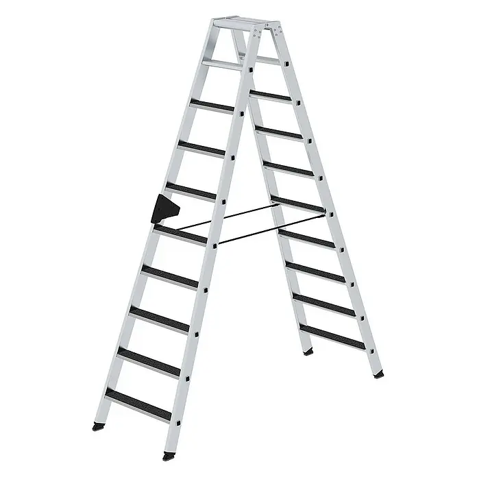 Proregal Doppel-Stehleiter beidseitig begehbar - Anzahl Tritte: 20 Stk., Arbeitshöhe: 3.850 mm, Belastbarkeit: 150 kg, Aluminium - Klappbare Stehleiter aus silbernem Aluminium mit beidseitigem Zugang, schwarzen Anti-Rutsch-Stufen und Fußkappen.