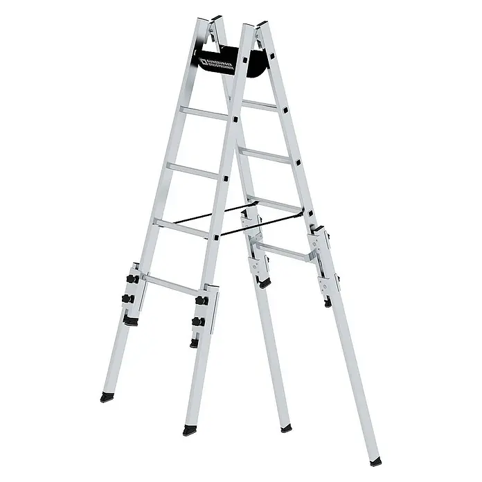 Proregal Doppel-Stehleiter treppengängig - Anzahl Tritte: 10 Stk., Arbeitshöhe: 3.600 mm, Belastbarkeit: 150 kg, Aluminium - Silberne Aluminium-Mehrzweck-Stehleiter mit verstellbaren, ausziehbaren Beinen für Stabilität auf unebenem Untergrund.