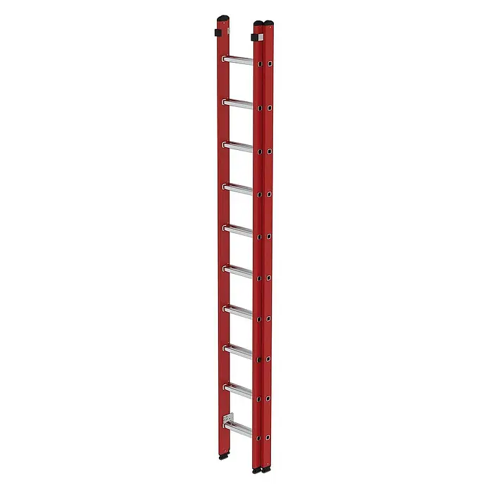 Proregal Schiebeleiter 2-teilig - Anzahl Tritte: 20 Stk., Arbeitshöhe: 6.100 mm, Belastbarkeit: 150 kg, Aluminium - Rote professionelle ausziehbare Leiter mit silbernen Sprossen.