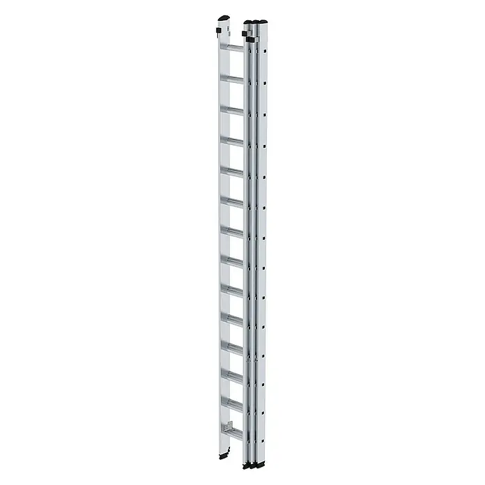 Proregal Schiebeleiter 3-teilig - Anzahl Tritte: 36 Stk., Arbeitshöhe: 9.700 mm, Belastbarkeit: 150 kg, Aluminium - Silberne mehrteilige Aluminium-Ausziehleiter mit schwarzen Sicherheitskappen und Füßen.