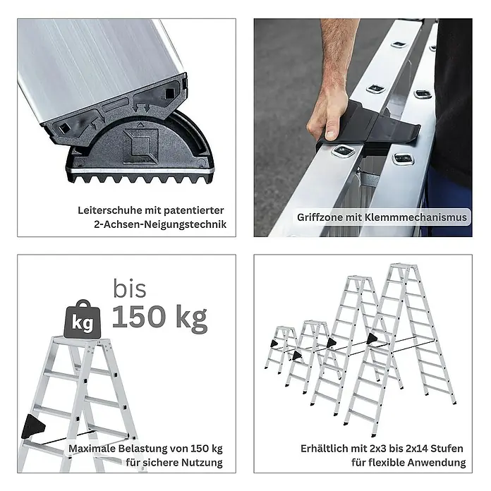 Proregal Doppel-Stehleiter beidseitig begehbar - Anzahl Tritte: 10 Stk., Arbeitshöhe: 2.650 mm, Belastbarkeit: 150 kg, Aluminium - Eine Aluminium-Mehrzweckleiter mit patentierten Gelenkfüßen, Klemmmechanismus, 150 kg Tragkraft und flexiblen Konfigurationen von 2x3 bis 2x14 Stufen.