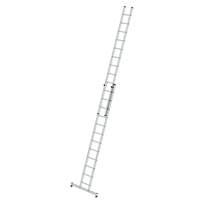 Proregal Schiebeleiter 2-teilig - Anzahl Tritte: 28 Stk., Arbeitshöhe: 8.300 mm, Belastbarkeit: 150 kg, Aluminium - Silberne Aluminium-Zweiteil-Anlegeleiter mit breiter Stabilisatorstange am Fuß.