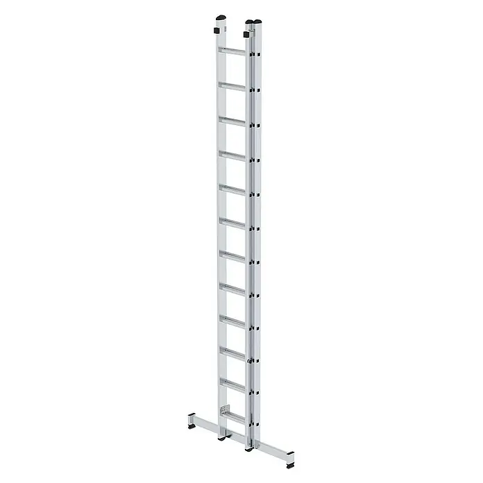 Proregal Schiebeleiter 2-teilig - Anzahl Tritte: 28 Stk., Arbeitshöhe: 8.300 mm, Belastbarkeit: 150 kg, Aluminium - Silberne Aluminium-Ausziehleiter mit Stabilisatorstange am Fuß für erhöhte Sicherheit.