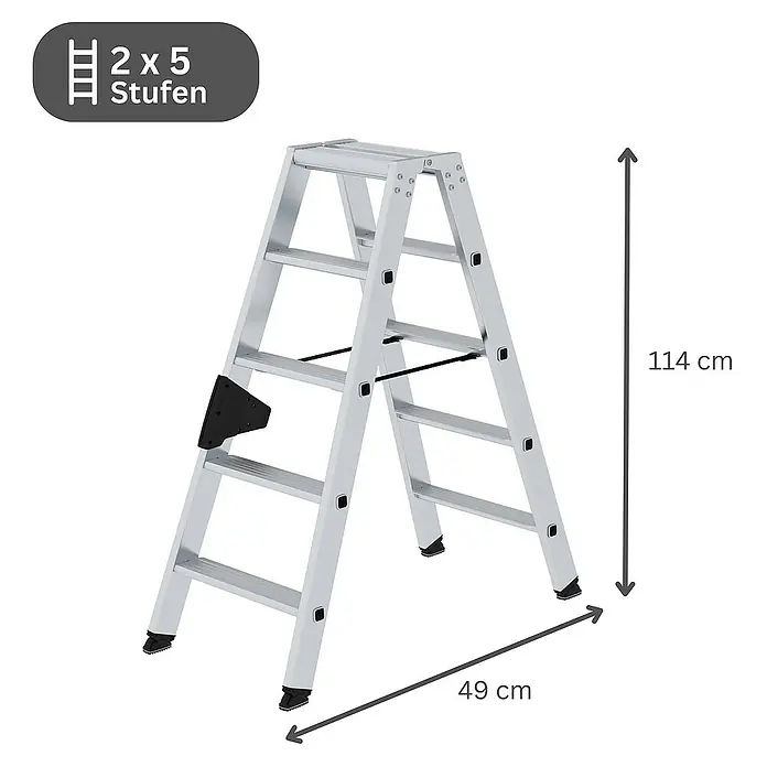 Proregal Doppel-Stehleiter beidseitig begehbar - Anzahl Tritte: 10 Stk., Arbeitshöhe: 2.650 mm, Belastbarkeit: 150 kg, Aluminium - Silberne Aluminium-Klappleiter, 2x5 Stufen, 114 cm hoch, 49 cm breit.