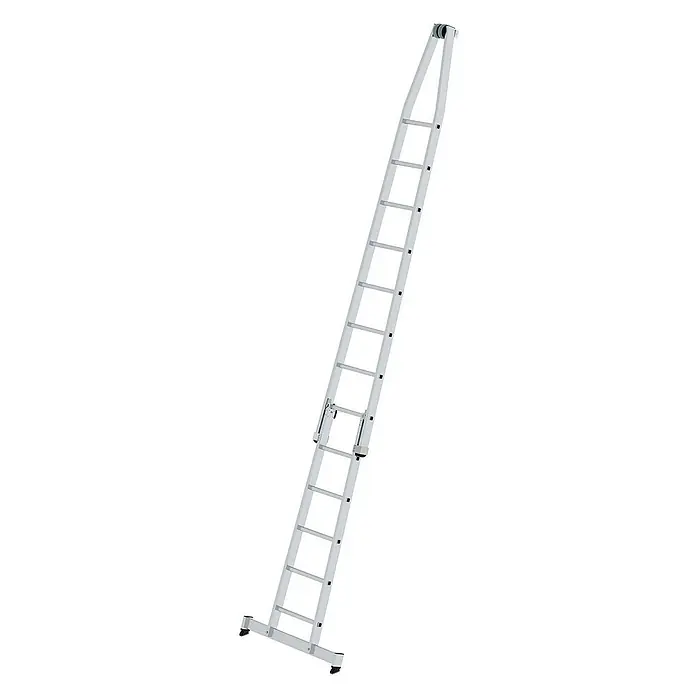Proregal Anlegeleiter Glasreinigerleiter mit nivello®-Traverse - Arbeitshöhe: 5.400 mm, Belastbarkeit: 120 kg, Aluminium - Silberne ausziehbare Dachleiter mit oberen Rollen und breitem Standfuß.