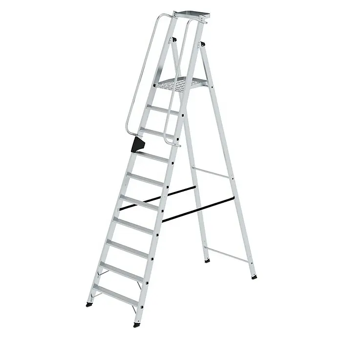 Proregal Stehleiter mit 10 Stufen - Anzahl Tritte: 10 Stk., Belastbarkeit: 150 kg, Aluminium - Silberne Aluminium-Stehleiter mit Handläufen und breiter oberer Plattform.