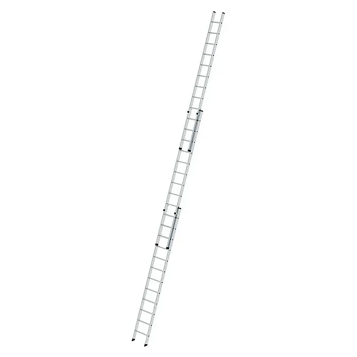 Proregal Schiebeleiter 3-teilig - Anzahl Tritte: 42 Stk., Arbeitshöhe: 10.800 mm, Belastbarkeit: 150 kg, Aluminium - Silberne Aluminium-Ausziehleiter.