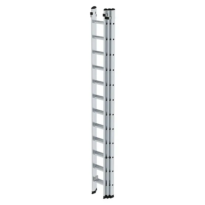 Proregal Schiebeleiter 3-teilig - Anzahl Tritte: 42 Stk., Arbeitshöhe: 10.800 mm, Belastbarkeit: 150 kg, Aluminium - Ausziehbare silberne Aluminiumleiter mit schwarzen Schutzkappen und rutschfesten Füßen.