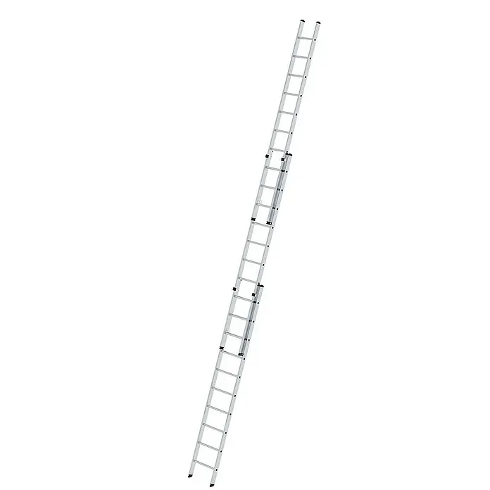 Proregal Schiebeleiter 3-teilig - Anzahl Tritte: 30 Stk., Arbeitshöhe: 8.000 mm, Belastbarkeit: 150 kg, Aluminium - Silberne Aluminium-Ausziehleiter mit mehreren Abschnitten, bereit für verschiedene Höhen.