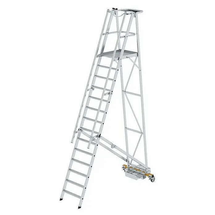 Proregal Stehleiter Plattformleiter klappbar mit schmalem Fahrwerk - Anzahl Tritte: 14 Stk., Arbeitshöhe: 5.250 mm, Belastbarkeit: 150 kg, Aluminium - Silberne mobile Arbeitsplattform aus Aluminium mit breiter Leiter, oberer Plattform, Sicherheitsgeländer und integrierten Rädern.