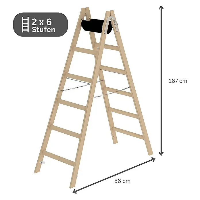 Proregal Doppel-Stehleiter mit 12 Sprossen - Anzahl Tritte: 12 Stk., Arbeitshöhe: 3.000 mm, Belastbarkeit: 150 kg, Holz - Helle Holz-Klappleiter mit schwarzem Ablagefach, 2x6 Stufen, 167 cm hoch und 56 cm breit.