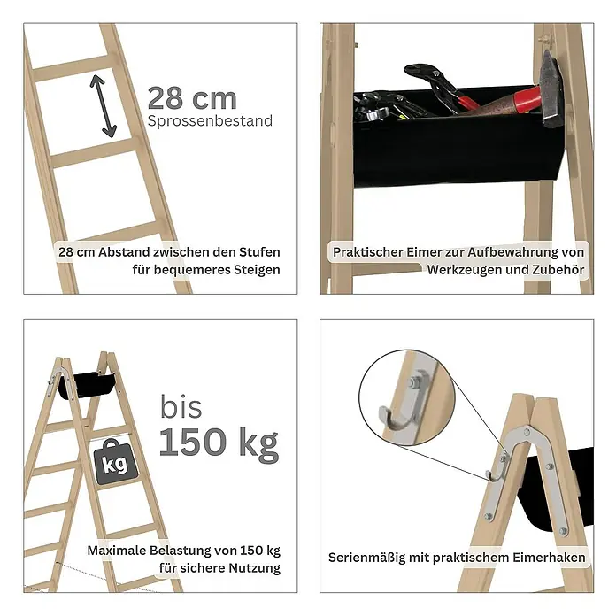 Proregal Doppel-Stehleiter mit 12 Sprossen - Anzahl Tritte: 12 Stk., Arbeitshöhe: 3.000 mm, Belastbarkeit: 150 kg, Holz - Holz-Trittleiter mit 28 cm Sprossenabstand, 150 kg Tragfähigkeit und praktischem Eimerhaken für Werkzeuge.