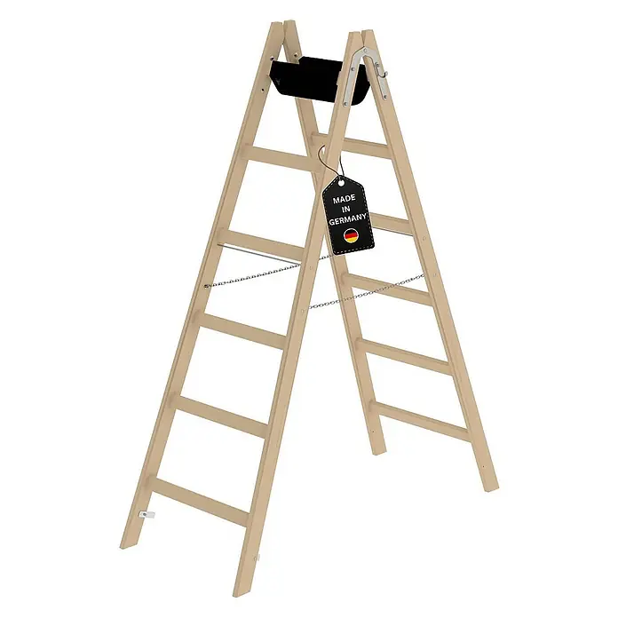 Proregal Doppel-Stehleiter mit 12 Sprossen - Anzahl Tritte: 12 Stk., Arbeitshöhe: 3.000 mm, Belastbarkeit: 150 kg, Holz - Klappleiter aus hellem Holz mit Sicherheitsketten, schwarzer Ablage und "Made in Germany"-Etikett.