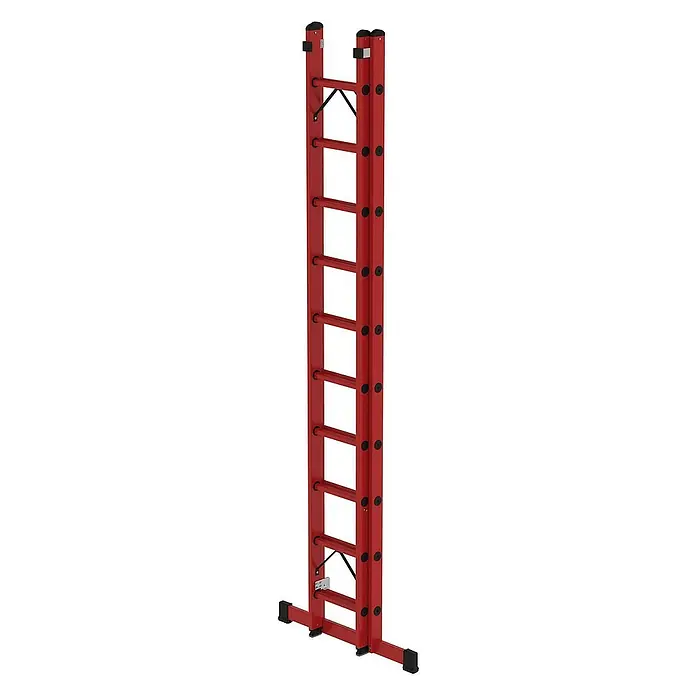 Proregal Schiebeleiter 2-teilig - Anzahl Tritte: 20 Stk., Arbeitshöhe: 6.300 mm, Belastbarkeit: 150 kg, Kunststoff - Rote ausziehbare Leiter mit breiter Stabilisierungsstange am Fuß.
