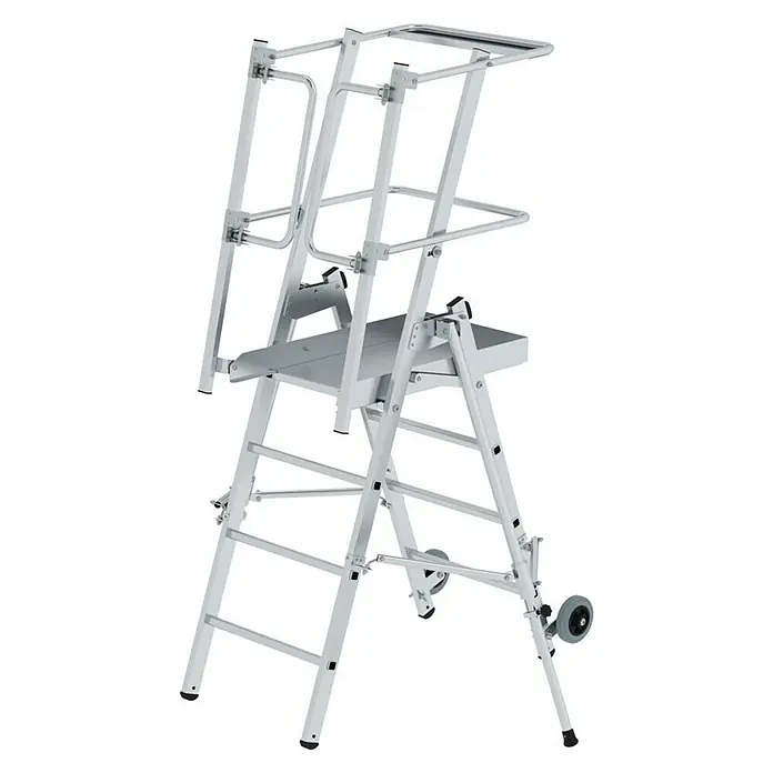 Proregal Stehleiter Plattformleiter Flexstep - Anzahl Tritte: 4 Stk., Arbeitshöhe: 3.000 mm, Belastbarkeit: 150 kg, Aluminium - Silberne, mobile Aluminium-Arbeitsplattform mit Sicherheitsgeländer und Rädern für einfachen Transport.