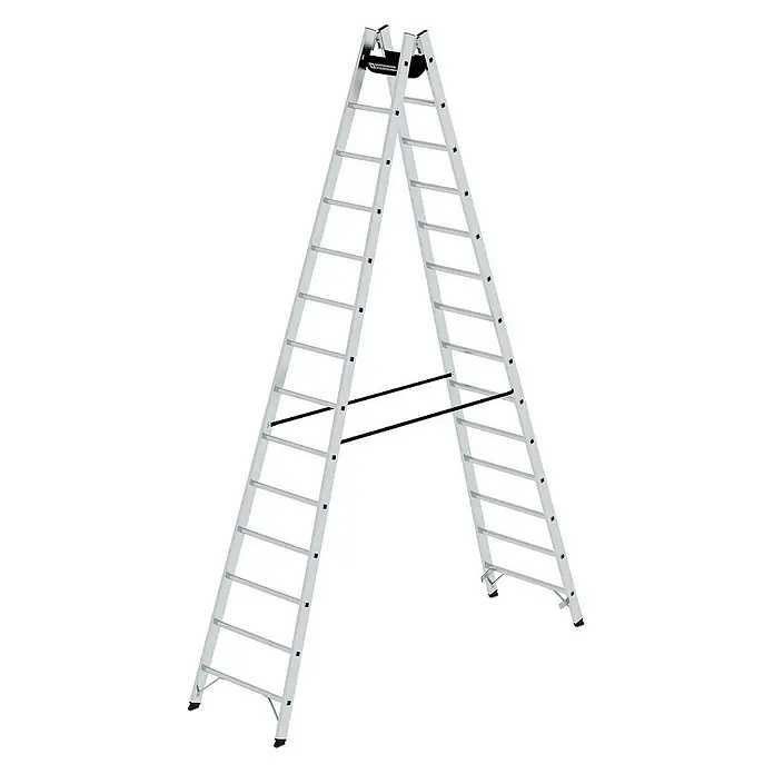 Proregal Doppel-Stehleiter 2x14-Sprossen - Anzahl Tritte: 28 Stk., Arbeitshöhe: 5.200 mm, Belastbarkeit: 150 kg, Aluminium - Silberne Aluminium-Doppelleiter mit schwarzen Spreizsicherungen, A-förmig.