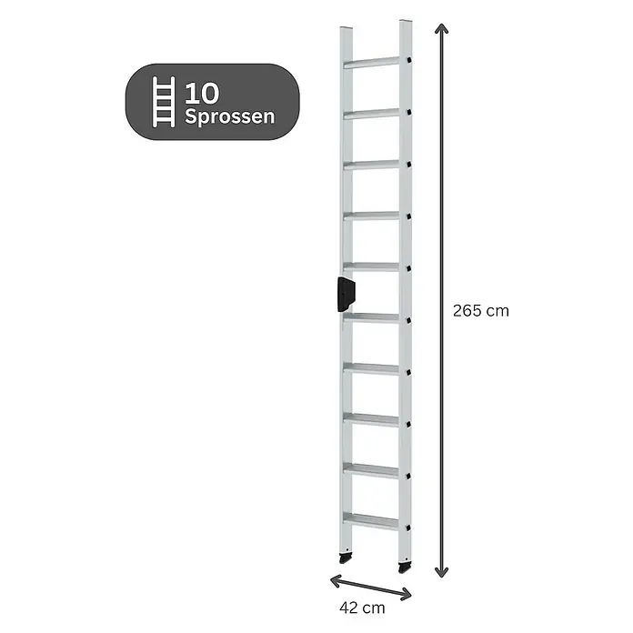 Proregal Anlegeleiter mit 10 Stufen - Anzahl Tritte: 10 Stk., Arbeitshöhe: 3.800 mm, Belastbarkeit: 150 kg, Aluminium - Silberne Aluminiumleiter mit 10 Sprossen, 265 cm hoch, 42 cm breit, mit schwarzem Verriegelungsmechanismus.