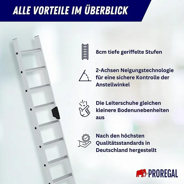 Proregal Anlegeleiter mit 12 Stufen - Anzahl Tritte: 12 Stk., Arbeitshöhe: 4.300 mm, Belastbarkeit: 150 kg, Aluminium