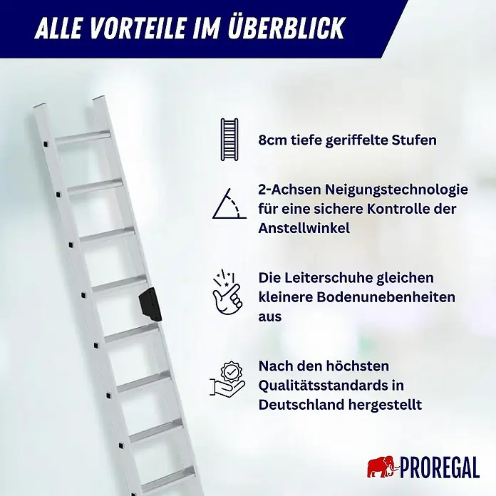 Proregal Anlegeleiter mit 10 Stufen - Anzahl Tritte: 10 Stk., Arbeitshöhe: 3.800 mm, Belastbarkeit: 150 kg, Aluminium - Silberne Aluminiumleiter mit 8cm tiefen, geriffelten Stufen, 2-Achsen Neigungstechnologie und Bodenausgleichschuhen, hergestellt in Deutschland.