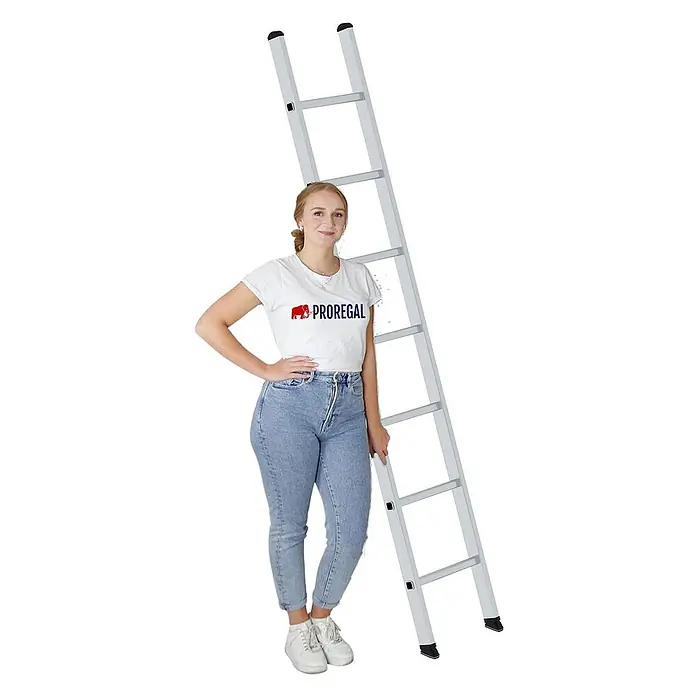 Proregal Anlegeleiter mit 7 Sprossen - Anzahl Tritte: 7 Stk., Arbeitshöhe: 3.300 mm, Belastbarkeit: 150 kg, Aluminium - Silberne Aluminiumleiter mit einer Frau daneben, die ihre Höhe veranschaulicht.