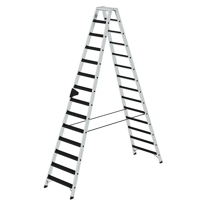 Proregal Doppel-Stehleiter beidseitig begehbar - Anzahl Tritte: 28 Stk., Arbeitshöhe: 4.800 mm, Belastbarkeit: 150 kg, Aluminium - Eine A-förmige Aluminium-Klappleiter mit schwarzen rutschfesten Sprossen und Stabilisierungsseilen für sicheren Stand.