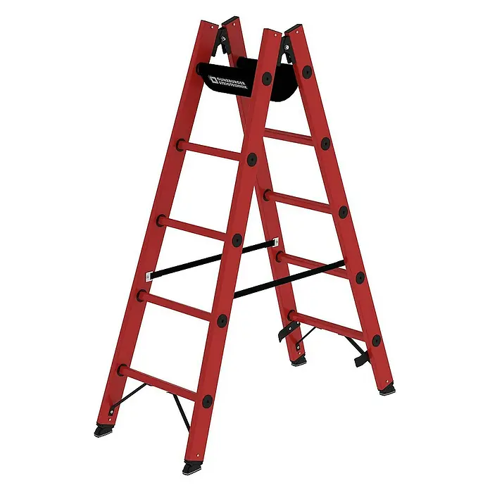 Proregal Doppel-Stehleiter mit 10 Sprossen - Anzahl Tritte: 10 Stk., Arbeitshöhe: 2.750 mm, Belastbarkeit: 150 kg, Kunststoff - Rote Aluminium-Doppelstufenleiter mit schwarzen Sicherheitsgurten und oberer Werkzeugablage.