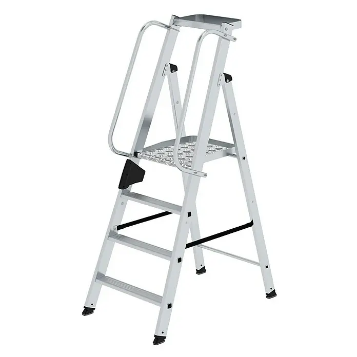 Proregal Stehleiter mit 4 Stufen - Anzahl Tritte: 4 Stk., Belastbarkeit: 150 kg, Aluminium - Silberne Aluminium-Arbeitsplattformleiter mit breiten Stufen, einer oberen Plattform und Handläufen.