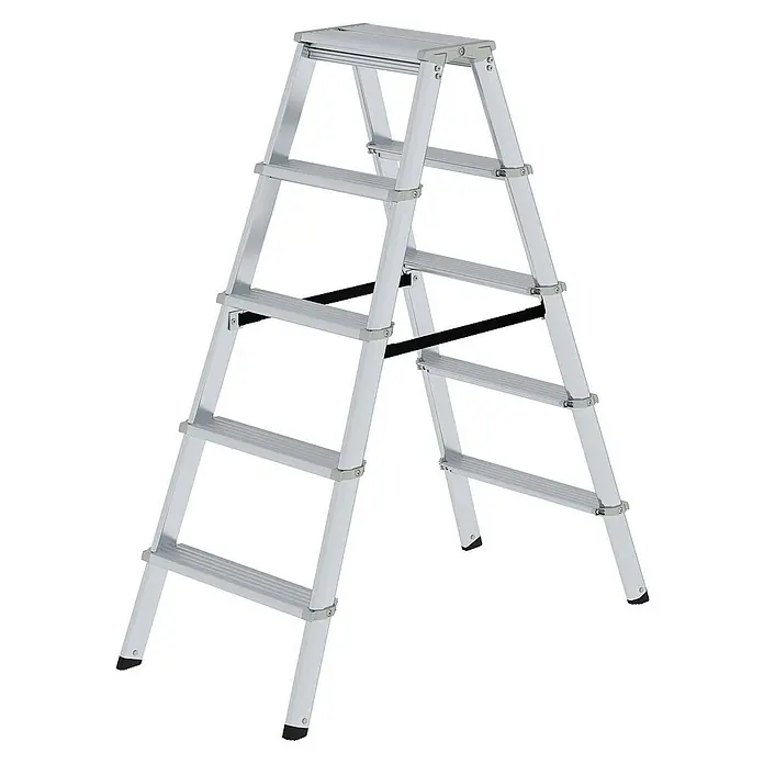 Proregal Doppel-Stehleiter beidseitig begehbar - Anzahl Tritte: 10 Stk., Arbeitshöhe: 2.700 mm, Belastbarkeit: 150 kg, Aluminium - Silberne Aluminium-Klapptrittleiter mit mehreren Stufen und rutschfesten Füßen.