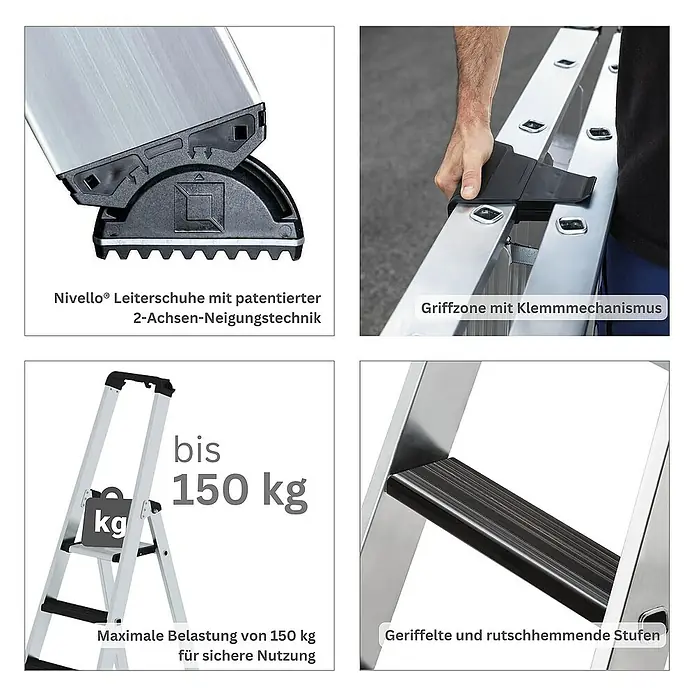 Proregal Stehleiter einseitig begehbar - Anzahl Tritte: 5 Stk., Arbeitshöhe: 3.150 mm, Belastbarkeit: 150 kg, Aluminium - Aluminiumleiter mit Nivello®-Füßen, Klemmgriff, rutschfesten Stufen und 150 kg Belastbarkeit.