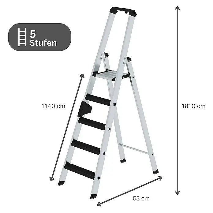 Proregal Stehleiter einseitig begehbar - Anzahl Tritte: 5 Stk., Arbeitshöhe: 3.150 mm, Belastbarkeit: 150 kg, Aluminium - Silberne Aluminium-Klappleiter mit 5 schwarzen Stufen und oberer Plattform.