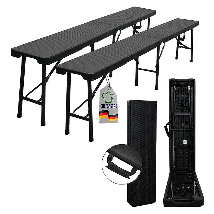 Chefgastro Bierbank 2er Set aus Kunststoff mit Tragegriff, für 8 Personen - 180 x 25 x 43 cm, Rattan Optik, Schwarz, Klappbar - Zwei schwarze, texturierte Klappbänke, eine offen, eine gefaltet mit Tragegriff.