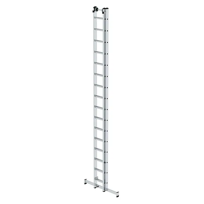 Proregal Schiebeleiter 2-teilig - Anzahl Tritte: 36 Stk., Arbeitshöhe: 10.300 mm, Belastbarkeit: 150 kg, Aluminium - Silberne Aluminium-Ausziehleiter mit Stabilisator und oberen Rollen.