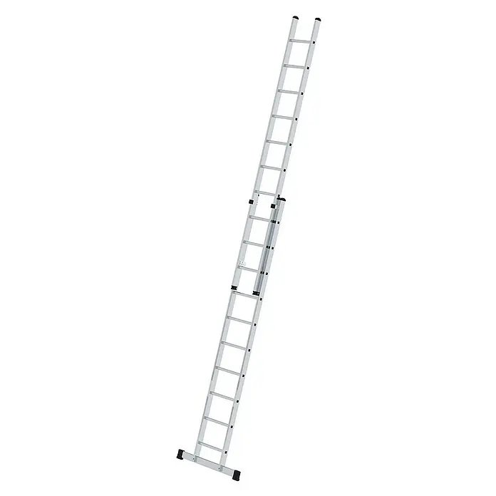 Proregal Schiebeleiter 2-teilig - Anzahl Tritte: 20 Stk., Arbeitshöhe: 6.000 mm, Belastbarkeit: 150 kg, Aluminium - Silberne Aluminium-Ausziehleiter mit schwarzen Anti-Rutsch-Füßen.