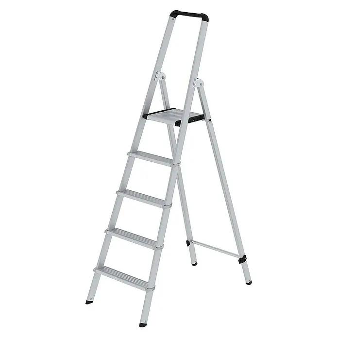Proregal Stehleiter einseitig begehbar - Anzahl Tritte: 5 Stk., Arbeitshöhe: 3.150 mm, Belastbarkeit: 150 kg, Aluminium - Silberne Aluminium-Klappleiter mit schwarzen Akzenten, mehreren rutschfesten Stufen und Sicherheitsgeländer.