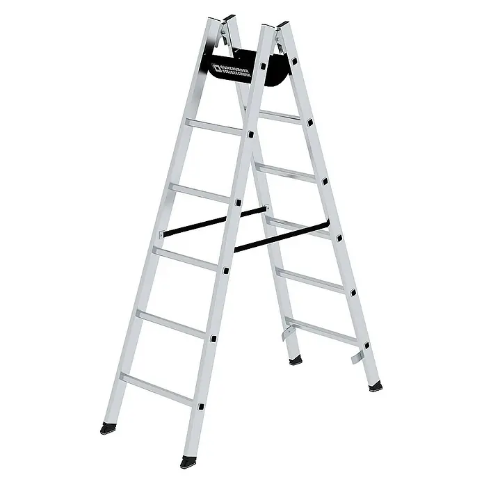 Proregal Doppel-Stehleiter 2x6-Sprossen - Anzahl Tritte: 12 Stk., Arbeitshöhe: 3.050 mm, Belastbarkeit: 150 kg, Aluminium - Silberne Aluminium-Doppelstufenleiter mit schwarzen Stabilisierungsstangen und rutschfesten Füßen.