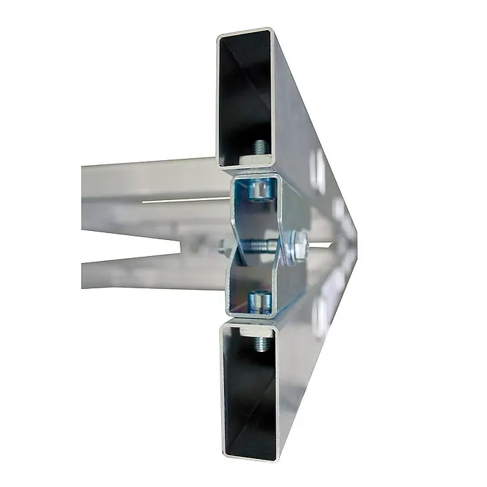 Proregal Doppel-Stehleiter 2x6-Sprossen - Anzahl Tritte: 12 Stk., Arbeitshöhe: 3.050 mm, Belastbarkeit: 150 kg, Aluminium - Zwei silberne Aluminium-Vierkantprofile, verbunden durch eine Metallhalterung und Schrauben.