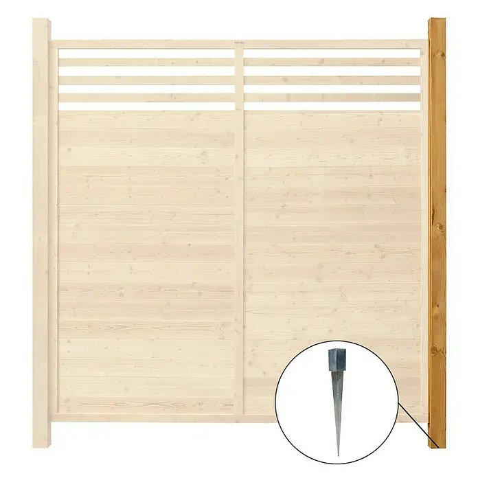 Home Deluxe Sichtschutzelement SOMA 1x Pfosten - Holz, Braun - Helle Holzzaunplatte und ein dunklerer Pfosten, mit einem Metalleinschlagbodenhülse zur Pfostenbefestigung.
