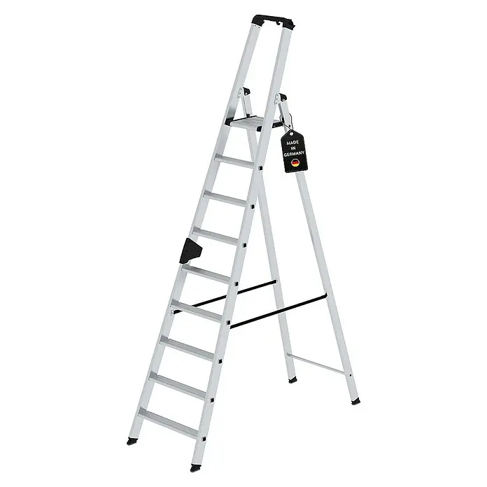 Proregal Stehleiter einseitig begehbar - Anzahl Tritte: 9 Stk., Arbeitshöhe: 4.100 mm, Belastbarkeit: 150 kg, Aluminium - Silberne Aluminium-Stehleiter mit schwarzen Details und 'Made in Germany' Etikett.