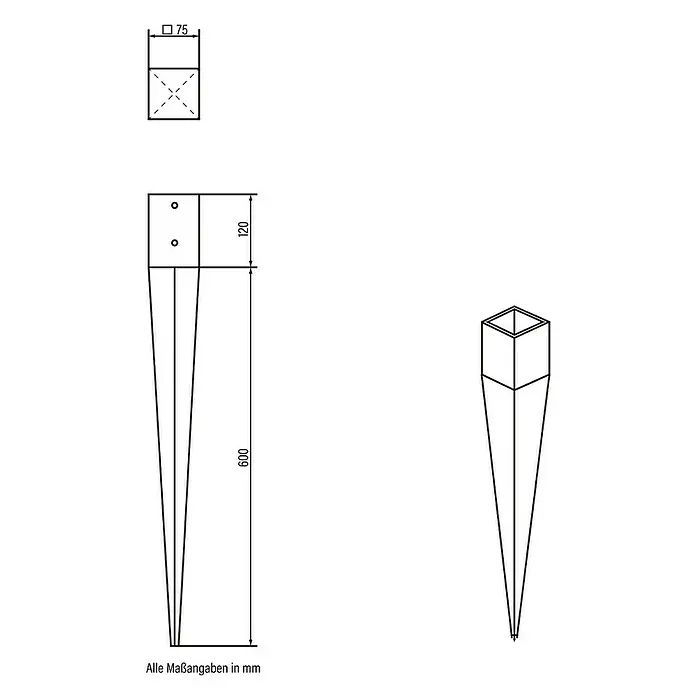 Home Deluxe Sichtschutzelement SOMA 1x Pfosten - Holz, Braun - Erdspieß mit 75mm Vierkant-Pfostenaufnahme und 600mm spitz zulaufendem Erdanker, als technische Zeichnung dargestellt.