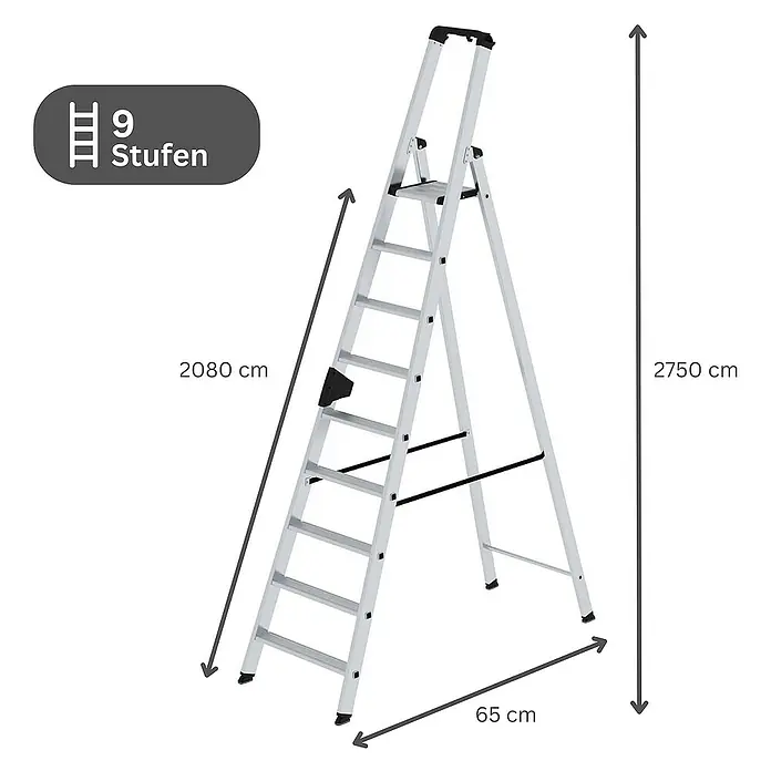 Proregal Stehleiter einseitig begehbar - Anzahl Tritte: 9 Stk., Arbeitshöhe: 4.100 mm, Belastbarkeit: 150 kg, Aluminium - Silberne Aluminium-Stehleiter mit 9 Stufen.