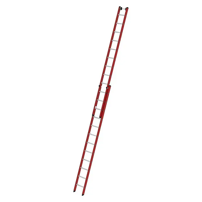 Proregal Schiebeleiter 2-teilig - Anzahl Tritte: 24 Stk., Arbeitshöhe: 7.200 mm, Belastbarkeit: 150 kg, Aluminium - Rote GFK-Schiebeleiter mit silbernen Sprossen, vollständig ausgefahren.