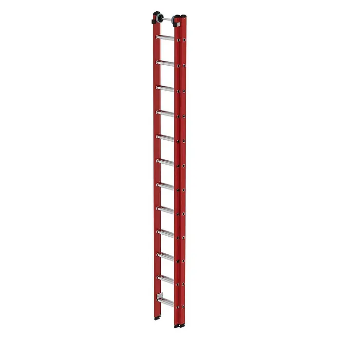 Proregal Schiebeleiter 2-teilig - Anzahl Tritte: 24 Stk., Arbeitshöhe: 7.200 mm, Belastbarkeit: 150 kg, Aluminium - Rote Anlegeleiter mit silbernen Sprossen und oberen Rollen.