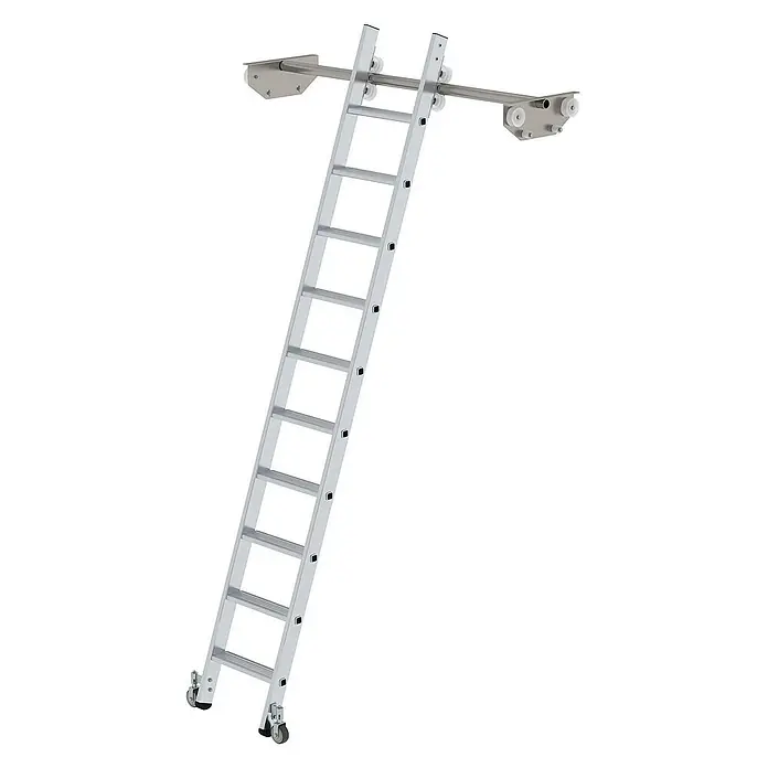 Proregal Anlegeleiter Regalleiter fahrbar - Anzahl Tritte: 10 Stk., Arbeitshöhe: 3.590 mm, Belastbarkeit: 150 kg, Aluminium - Silberne Aluminium-Rollleiter mit Rollen unten und Schienenmechanismus oben.