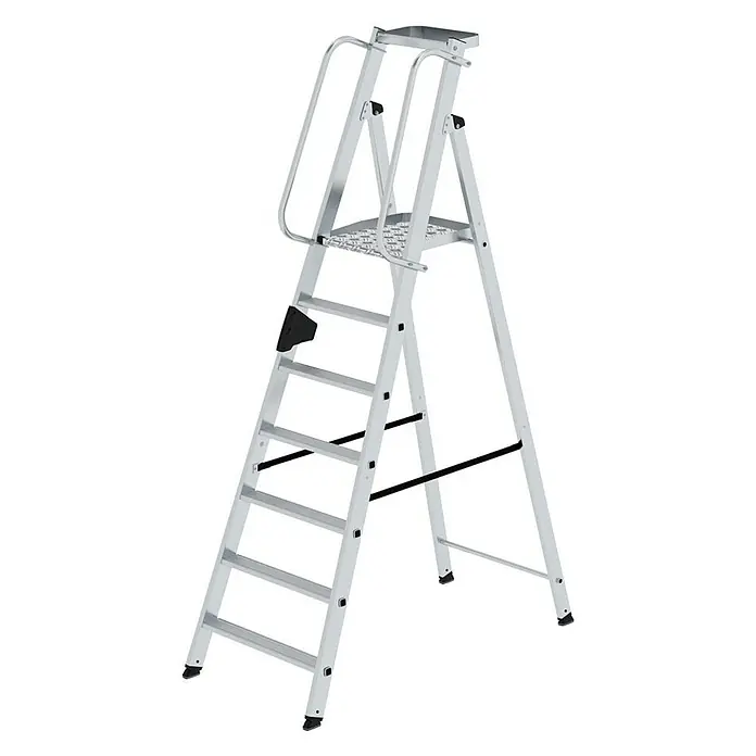 Proregal Stehleiter mit 7 Stufen - Anzahl Tritte: 7 Stk., Belastbarkeit: 150 kg, Aluminium - Silberne Aluminium-Stehleiter mit großer Plattform und Sicherheitsgeländern.
